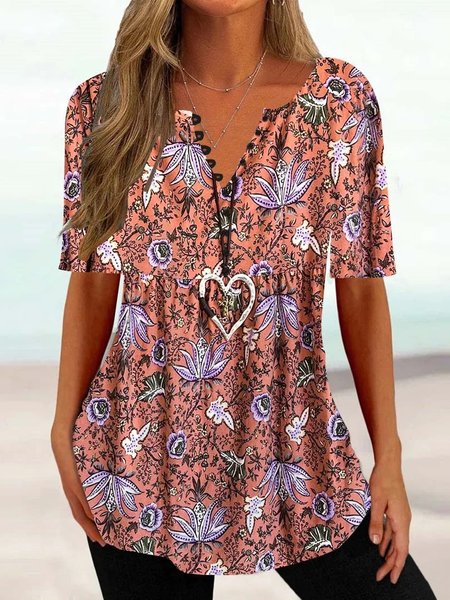 

Casual Loose V Neck Floral Shirt, Red brown, Shirts & Blouses