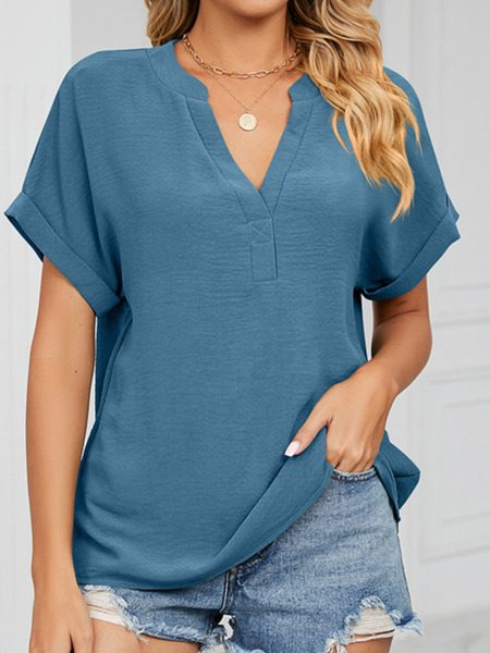 

Casual Loose V Neck Plain Shirt, Dark blue, Shirts & Blouses