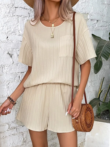 

Casual Loose Crew Neck Two-Piece Set, Beige, Tops