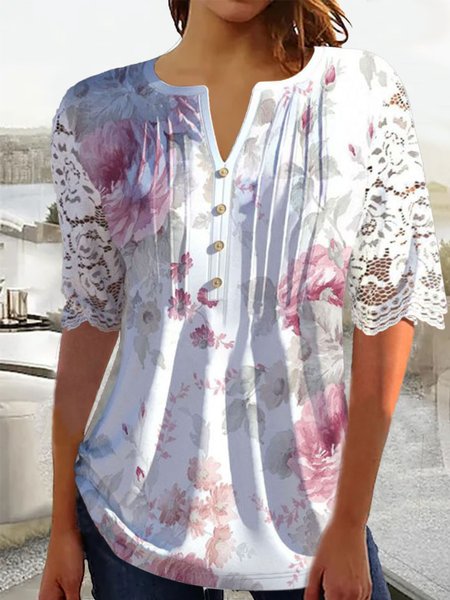 

V Neck Elegant Floral Shirt, White, Shirts & Blouses