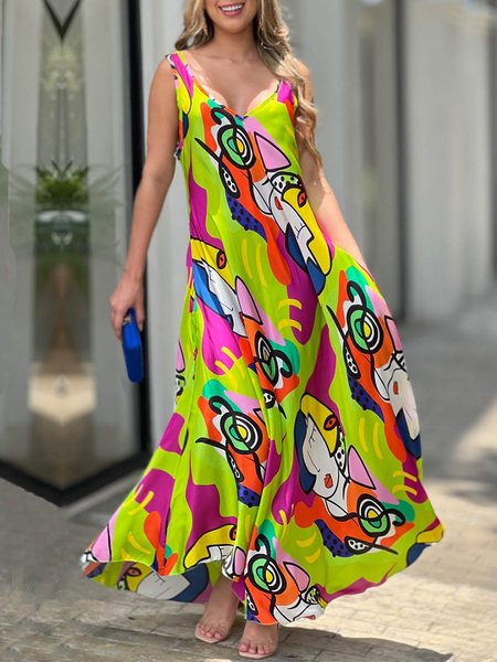 

Vacation V Neck Color Abstract Pockets Loose Dress, Green, Maxi Dresses
