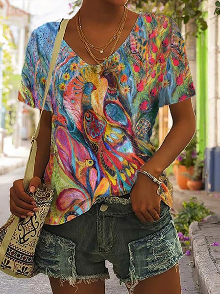 

Loose Peacock V Neck Vintage T-Shirt, Red, T-Shirts