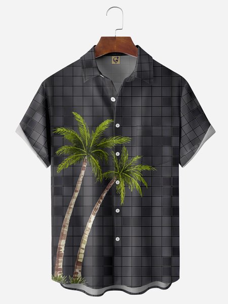 

Coconut Tree Mosaic art Chest Pocket Short Sleeve Hawaiian Shirt, Black, Men Shirts