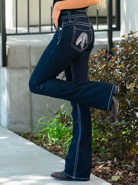 

Feather Pattern Floral Denim Loose Casual Jeans, Blue, Jeans