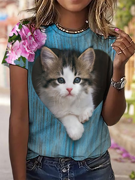 

Women's Cat Lover Print Crew Neck Casual T-Shirt, As picture, T-shirts