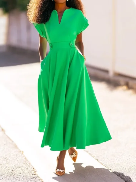 

Plain Notched Vacation Regular Fit Midi Dress, Green, Midi Dresses