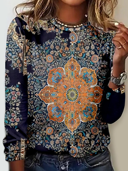 

Women's Vintage Ethnic Print Crew Neck Casual Shirt, As picture, Long sleeves