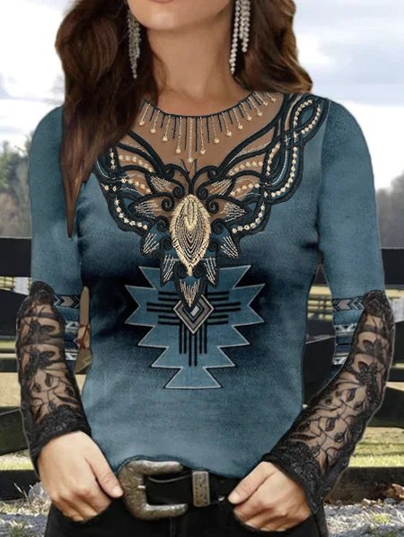 Casual Geometric Regular Fit Crew Neck Top, Blue, Tops