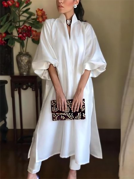 

Loose Plain Elegant Shirt Dress, White, Midi Dresses