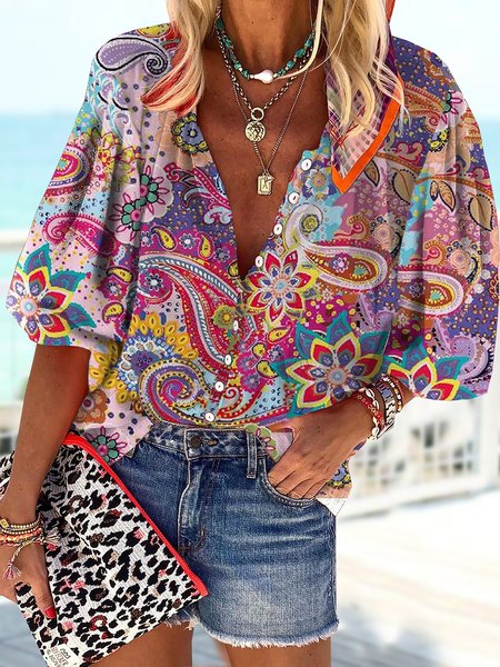

Casual Shirt Collar Floral Loose Blouse, Multicolor, Shirts & Blouses