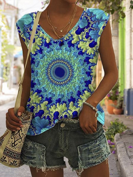 

V Neck Casual Ombre Tank Top, Blue, Tanks & Camis