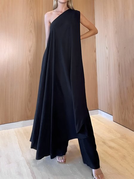 

Plain Regular Fit Cold Shoulder Urban Two-Piece Set, Black, Two-piece Set