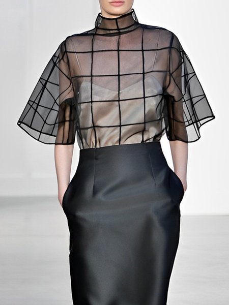 

Plaid Stand Collar Regular Fit Elegant Shirt, Black, Blouses and Shirts