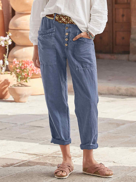 

Loose Cotton Plain Casual Pants, Blue, Clothing