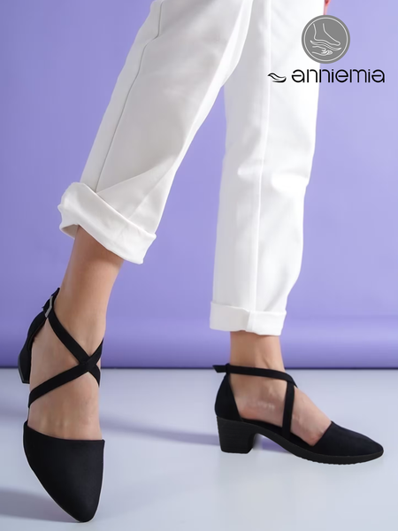

Black Suede Cross Strap Chunky Heel Shoes, Heels