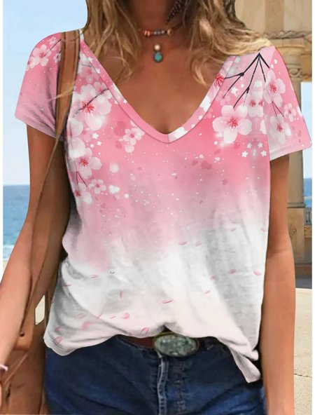 

Women's Simple Loose Crew Neck Floral T-Shirt, Pink, T-shirts