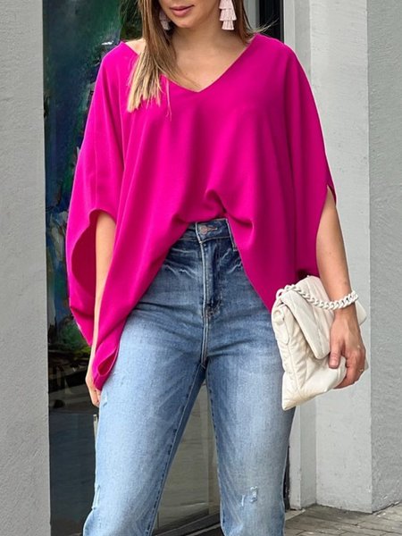 

Casual Regular Fit Plain V Neck Shirt, Deep pink, Blouses and Shirts