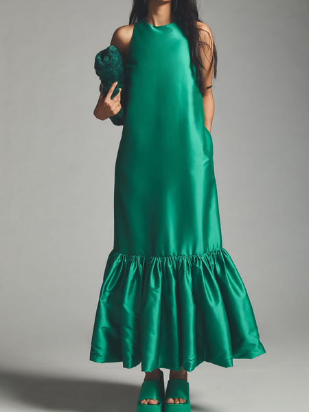 

Plain Crew Neck Sleeveless Elegant Loose Long Dress, Green, Maxi Dresses