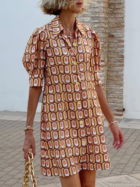 

Urban Geometric Shirt Collar Regular Fit Dress, Orange, Mini Dresses