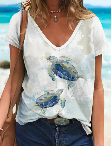 

Women‘s V Neck Simple Loose Sea Turtle T-Shirt, White, T-shirts