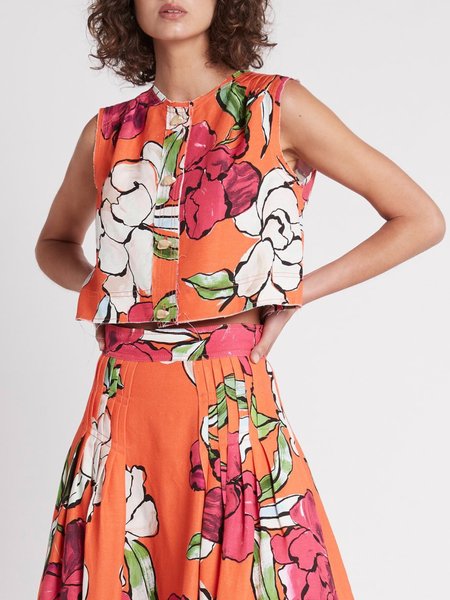 Vacation Regular Fit Crew Neck Floral Tank Top, Orange, Tanks and Camis