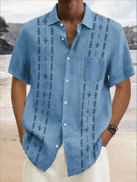 

Stripe Chest Pocket Short Sleeve Casual Bowling Shirt, Blue, Men Shirts