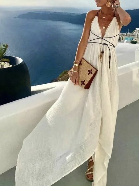 

Long Vacation V Neck Plain Cotton Dress, White, Maxi Dresses