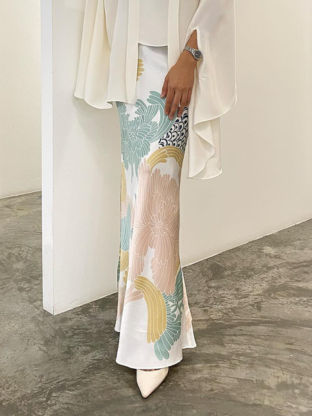 

Regular Fit No Elasticity Floral Elegant Long Skirt, White, Skirts