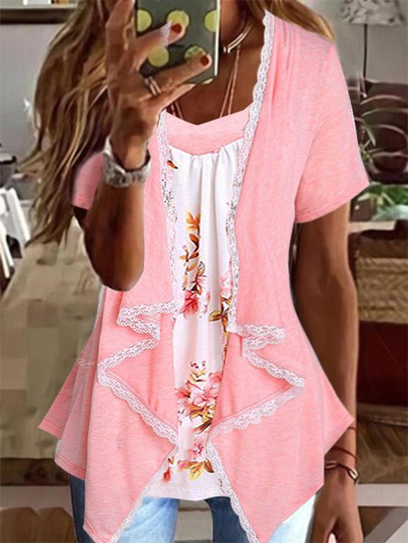 

Loose Lace Edge Casual Crew Neck Shirt, Pink, Shirts & Blouses