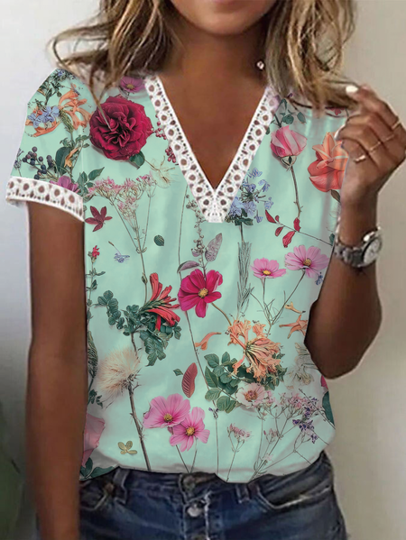 

Floral Knitted Casual T-Shirt, Green, T-Shirts