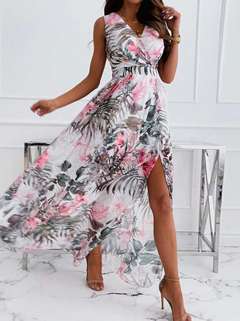 

Casual V Neck Floral Regular Fit Dress, White, Dresses
