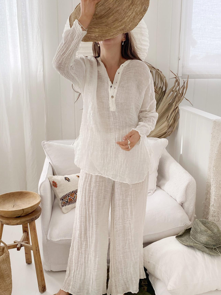 

Linen Half Open Collar Loose Plain Sun Protection Two-Piece Set, White, Tops