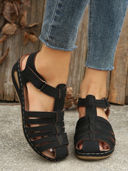 

Vintage Hook and Loop Widened Soles Fisherman Sandals, Black, Sandals