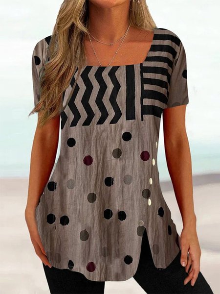 

Geometric Loose Casual Square Neck Top, Deep khaki, Tunics