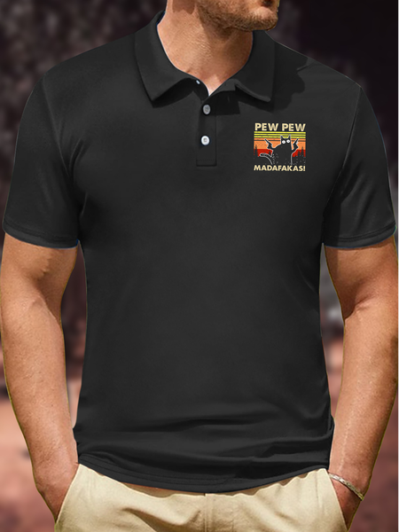 

Men's Pew Pew Madafakas Cat Funny Graphic Printing Vintage Regular Fit Polo Shirt, Black, T-shirts