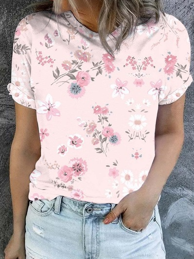 

Casual Crew Neck Loose Floral T-Shirt, Pink, T-Shirts