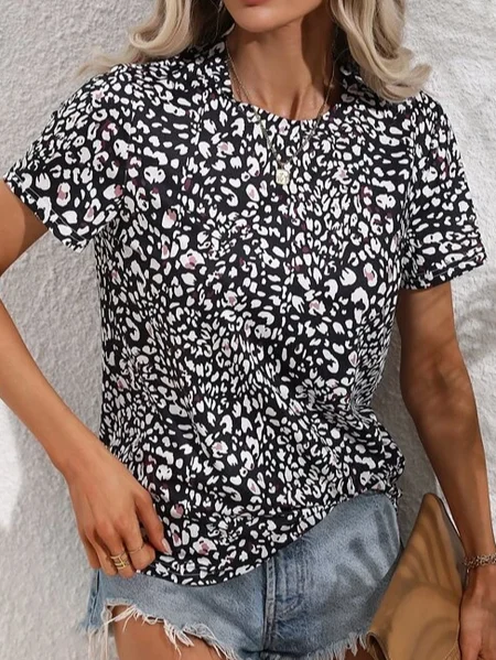 

Crew Neck Casual Loose Polka Dots Shirt, Black, T-Shirts