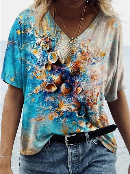 

V Neck Loose Vintage T-Shirt, Blue, T-Shirts
