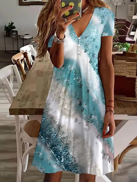 

Abstract V Neck Regular Fit Casual Dress, Blue, Dresses