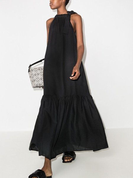 

Loose Halter Plain Casual Long Dress, Black, Maxi Dresses