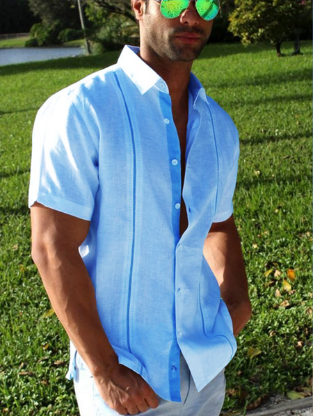

Stripe Contrast Short Sleeve Guayabera Shirt, Blue, Men Shirts