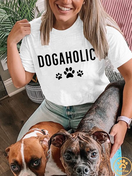 Lilicloth X Funnpaw Women's Dogaholic Dog Lover Funny Text Crew Neck T-Shirt, White, T-shirts