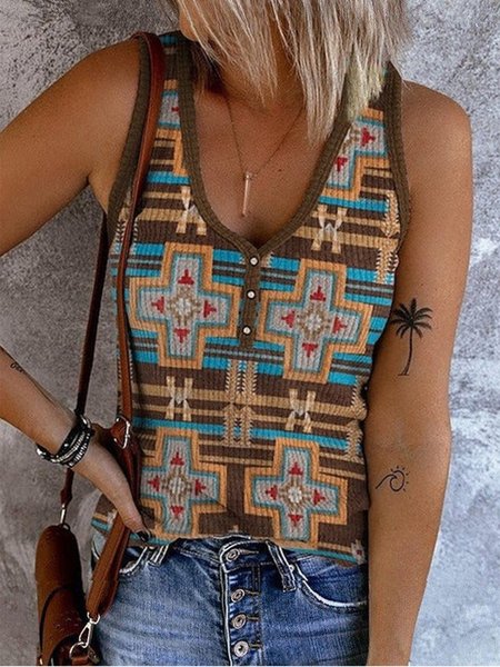 

Ethnic V Neck Regular Fit Ethnic Tank Top, Multicolor, Tanks & Camis