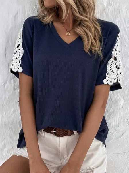

Lace Casual V Neck Knitted T-Shirt, Dark blue, T-Shirts