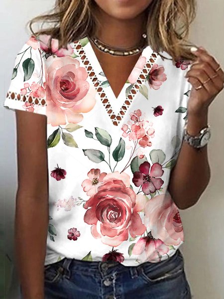 

Floral Casual Loose Lace T-Shirt, White, T-Shirts