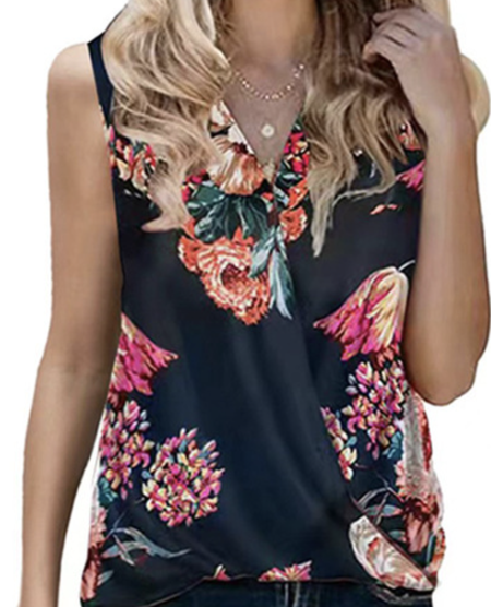

Casual V Neck Floral Tight Tank Top, Black, Tanks & Camis