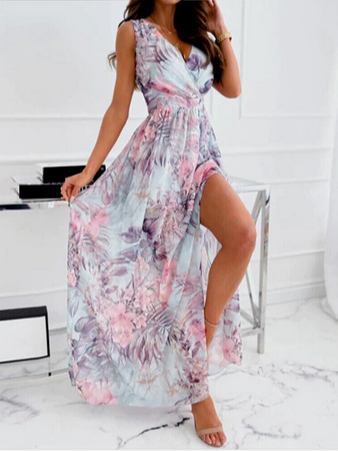 

Floral Deep V Neck Casual Chiffon Loose Dress, Blue, Dresses