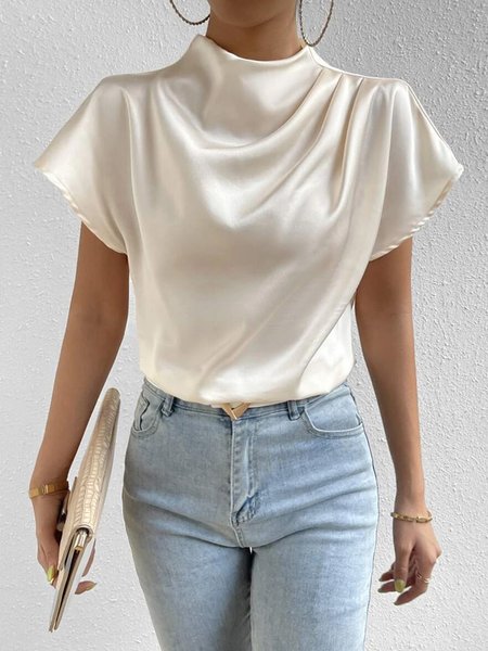

Short sleeve Daily Satin Regular Fit Elegant Shirt, Apricot, Blouses and Shirts