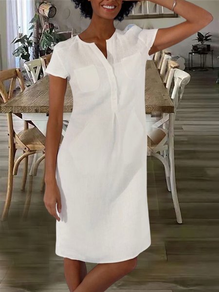

Loose V Neck Plain Casual Dress, White, Dresses