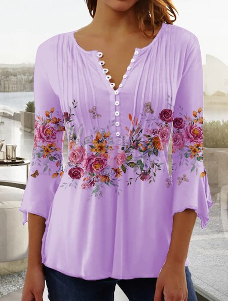 

Women Casual Floral Flowy Three Quarter Sleeve Ruched V Neck Buttoned Tunic Top, Purple, Tunics
